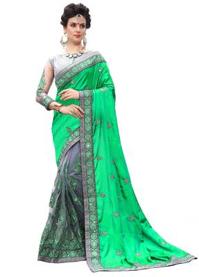 Trendmalls Green embroidered silk  Traditional Wedding Party Wear Bridal Saree with Blouse  1