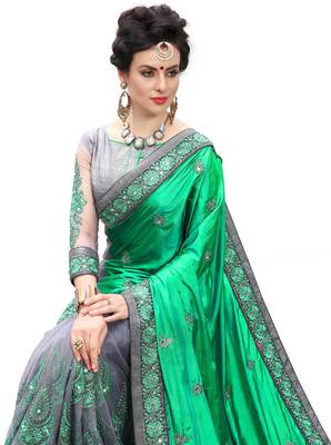 Trendmalls Green embroidered silk  Traditional Wedding Party Wear Bridal Saree with Blouse  5