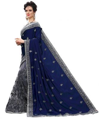 Trendmalls Navyblue embroidered silk saree with blouse  3