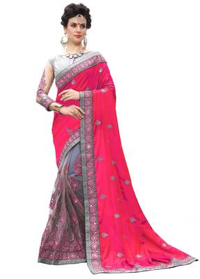 Trendmalls Pink embroidered silk  Traditional Wedding Party Wear Bridal Saree with Blouse  1