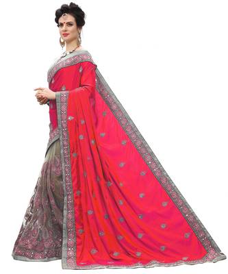 Trendmalls Pink embroidered silk  Traditional Wedding Party Wear Bridal Saree with Blouse  3
