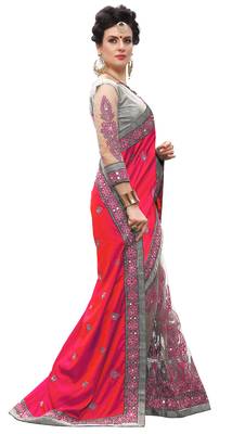 Trendmalls Pink embroidered silk  Traditional Wedding Party Wear Bridal Saree with Blouse  4