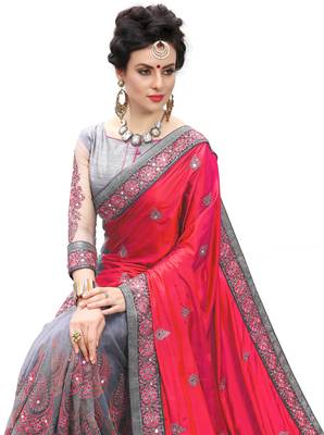 Trendmalls Pink embroidered silk  Traditional Wedding Party Wear Bridal Saree with Blouse  5