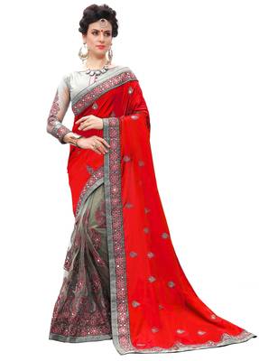 Trendmalls Red embroidered silk Party Wear Saree With Blouse 1