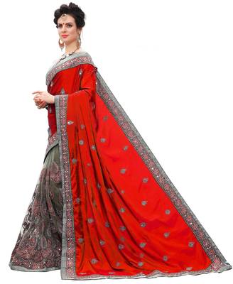 Trendmalls Red embroidered silk Party Wear Saree With Blouse 3