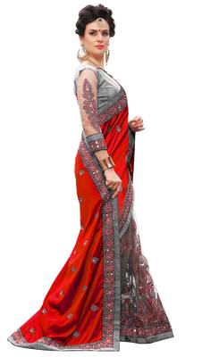 Trendmalls Red embroidered silk Party Wear Saree With Blouse 4