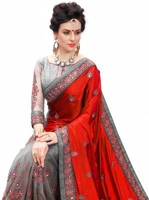Trendmalls Red embroidered silk Party Wear Saree With Blouse 5