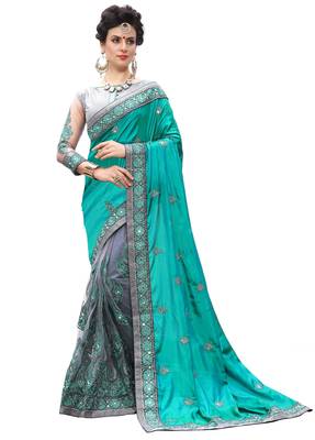 Trendmalls Turquoise embroidered silk   Traditional Wedding Party Wear Bridal Saree With Blouse   1