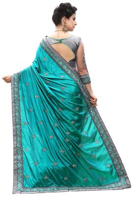 Trendmalls Turquoise embroidered silk   Traditional Wedding Party Wear Bridal Saree With Blouse   2