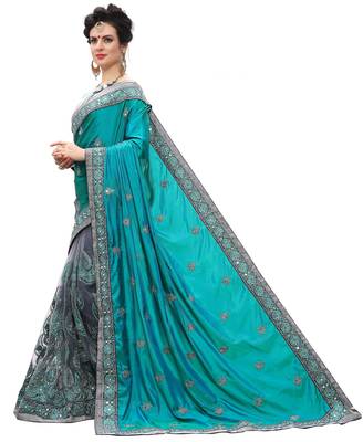 Trendmalls Turquoise embroidered silk   Traditional Wedding Party Wear Bridal Saree With Blouse   3