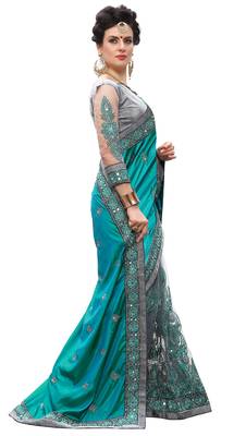 Trendmalls Turquoise embroidered silk   Traditional Wedding Party Wear Bridal Saree With Blouse   4