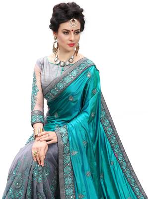 Trendmalls Turquoise embroidered silk   Traditional Wedding Party Wear Bridal Saree With Blouse   5
