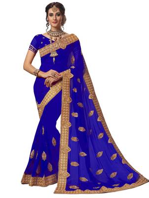 Blue embroidered georgette saree with blouse 1