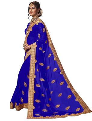 Blue embroidered georgette saree with blouse 3