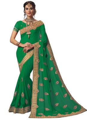 Green embroidered georgette saree with blouse 1