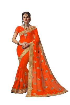 Orange embroidered georgette saree with blouse 1