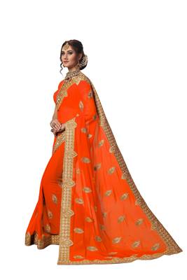Orange embroidered georgette saree with blouse 3