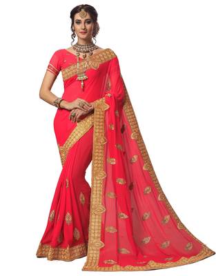 Pink embroidered georgette saree with blouse 1