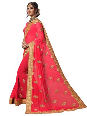 Pink embroidered georgette saree with blouse 3