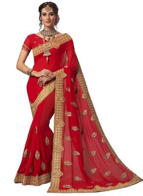 Red embroidered georgette saree with blouse 1