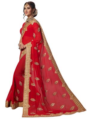 Red embroidered georgette saree with blouse 3