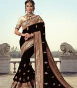 Trendmalls Black Embroidered Satin Traditional Wedding Party Wear Bridal Saree With Blouse  