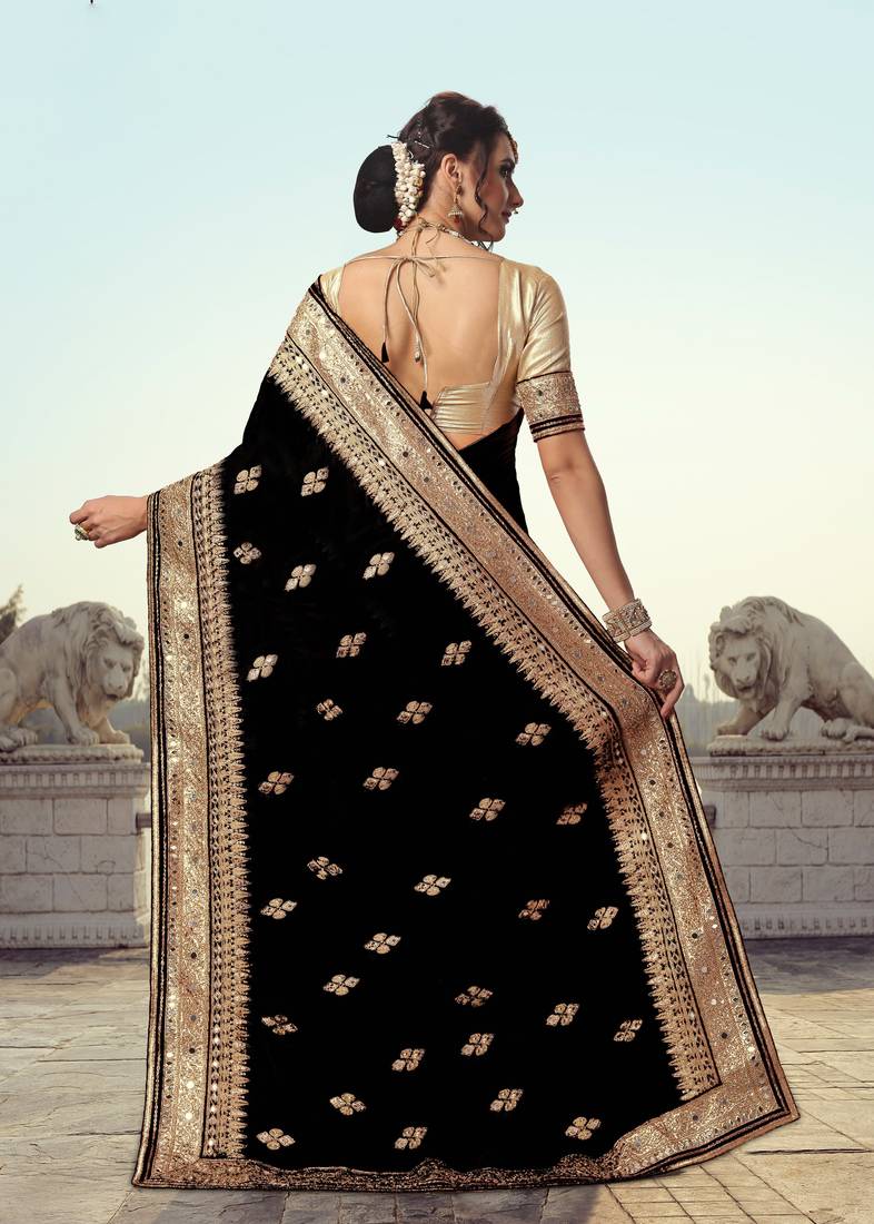 Trendmalls Black Embroidered Satin Traditional Wedding Party Wear Bridal Saree With Blouse  