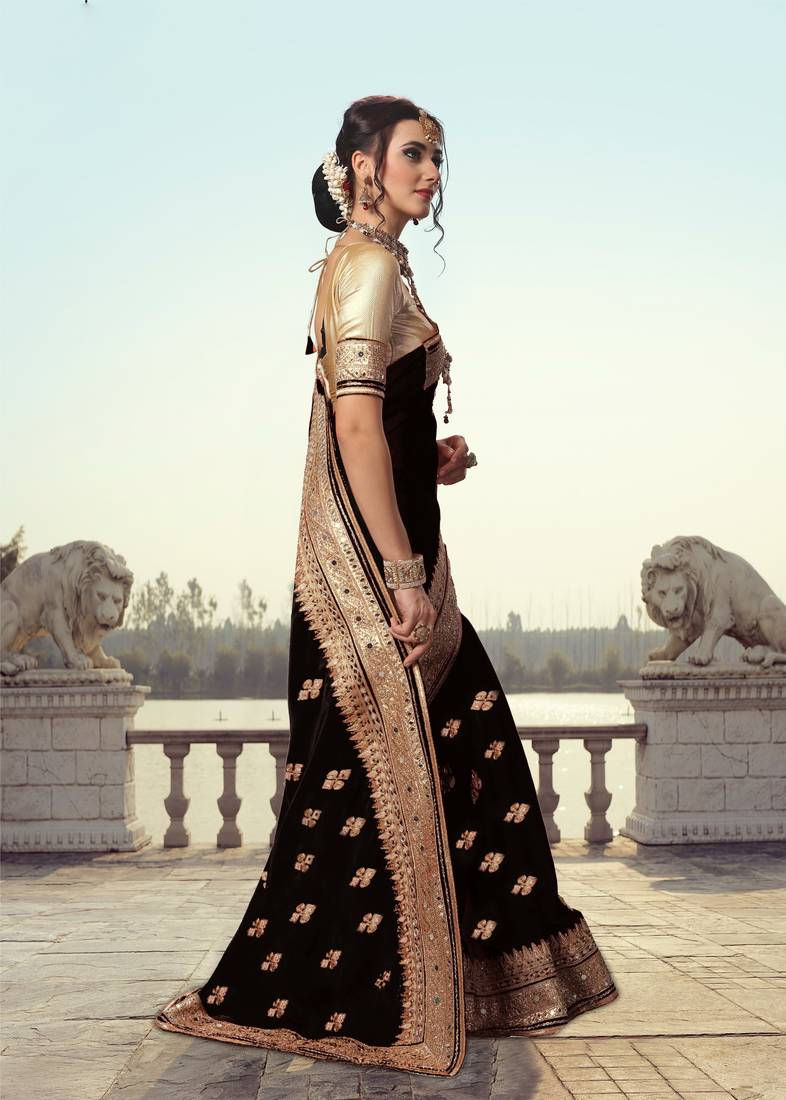 Trendmalls Black Embroidered Satin Traditional Wedding Party Wear Bridal Saree With Blouse  