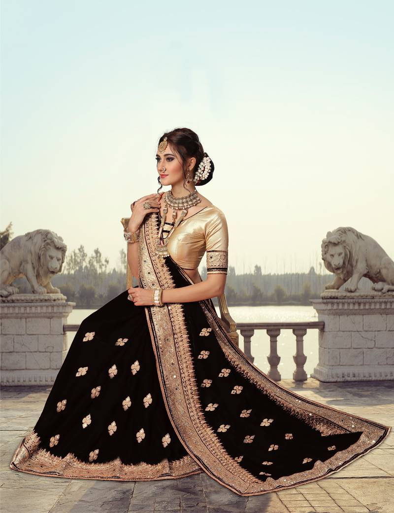 Trendmalls Black Embroidered Satin Traditional Wedding Party Wear Bridal Saree With Blouse  