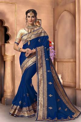 Trendmalls Blue embroidered satin Traditional Wedding Party Wear Bridal Saree with Blouse  1