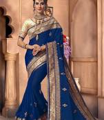 Trendmalls Blue embroidered satin Traditional Wedding Party Wear Bridal Saree with Blouse 