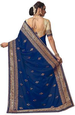 Trendmalls Blue embroidered satin Traditional Wedding Party Wear Bridal Saree with Blouse  2