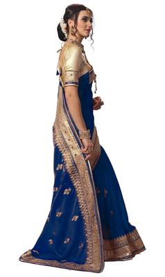 Trendmalls Blue embroidered satin Traditional Wedding Party Wear Bridal Saree with Blouse  3