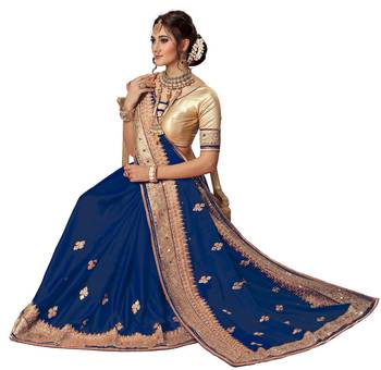 Trendmalls Blue embroidered satin Traditional Wedding Party Wear Bridal Saree with Blouse  4
