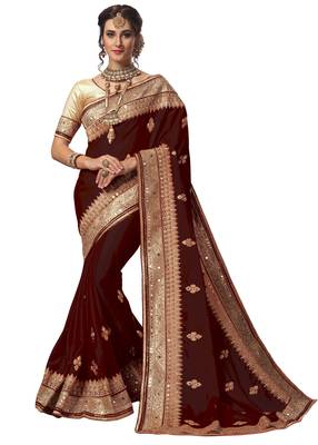Trendmalls Brown embroidered satin Traditional Wedding Party Wear Bridal Saree With Blouse   1