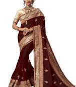Trendmalls Brown embroidered satin Traditional Wedding Party Wear Bridal Saree With Blouse  