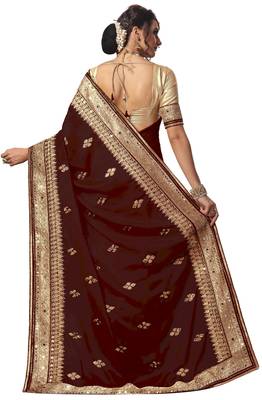 Trendmalls Brown embroidered satin Traditional Wedding Party Wear Bridal Saree With Blouse   2