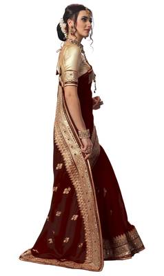 Trendmalls Brown embroidered satin Traditional Wedding Party Wear Bridal Saree With Blouse   3