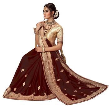 Trendmalls Brown embroidered satin Traditional Wedding Party Wear Bridal Saree With Blouse   4