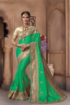 Trendmalls Green Embroidered Satin Traditional Wedding Party Wear Bridal Saree With Blouse   1