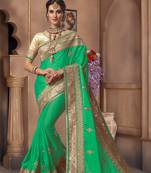Trendmalls Green Embroidered Satin Traditional Wedding Party Wear Bridal Saree With Blouse  