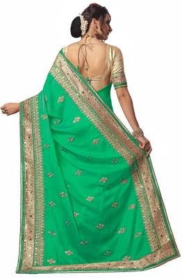 Trendmalls Green Embroidered Satin Traditional Wedding Party Wear Bridal Saree With Blouse   2