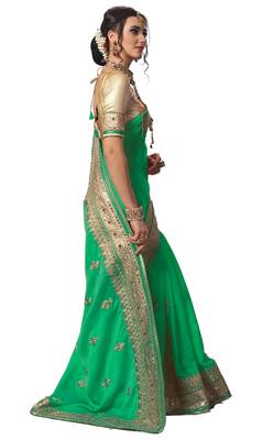 Trendmalls Green Embroidered Satin Traditional Wedding Party Wear Bridal Saree With Blouse   3