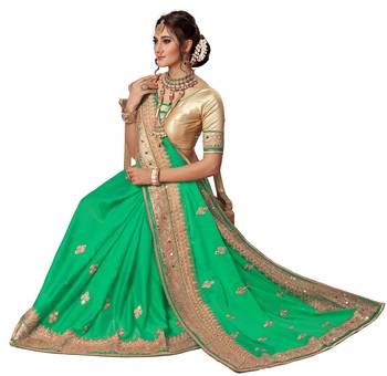 Trendmalls Green Embroidered Satin Traditional Wedding Party Wear Bridal Saree With Blouse   4