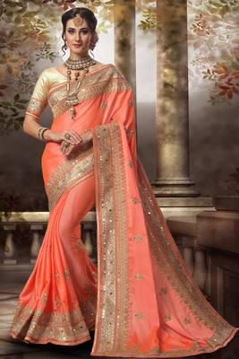 Trendmalls Peach embroidered satin Party Wear Saree With Blouse 1