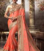 Trendmalls Peach embroidered satin Party Wear Saree With Blouse