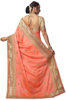 Trendmalls Peach embroidered satin Party Wear Saree With Blouse 2