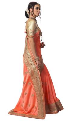 Trendmalls Peach embroidered satin Party Wear Saree With Blouse 3