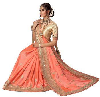 Trendmalls Peach embroidered satin Party Wear Saree With Blouse 4