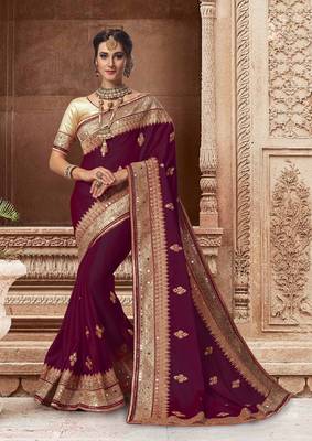 Trendmalls Purple Embroidered Satin Party Wear Saree With Blouse 1